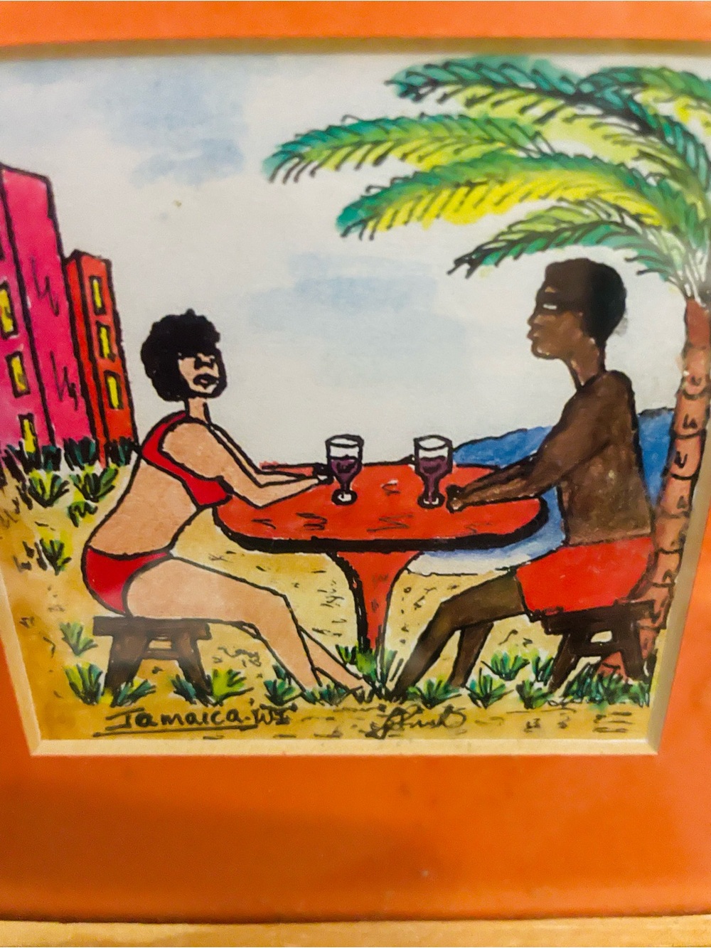 Vintage-Caribbean islands -Jamaica -folk art-naive painting-romance on the beach
